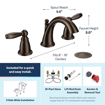 Moen Brantford Oil-Rubbed Bronze Two-Handle High Arc Widespread Bathroom Sink Faucet for 3-Hole Setups with Valve Included, TV6620ORB