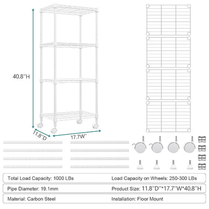 MZG 1000 lbs 4-Shelf Adjustable Heavy Duty Steel Wire Rack, Adjustable Storage Shelving Unit with Wheel for Kitchen, Garage, Laundry White 30x45x103.6cm