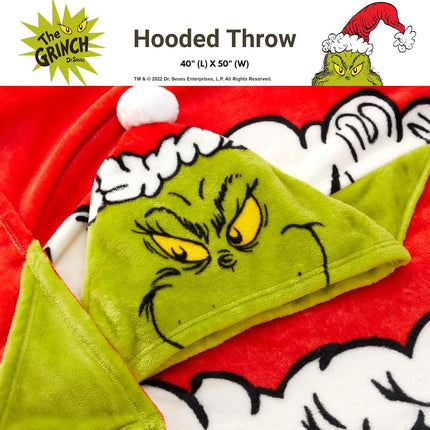 Franco Dr. Seuss The Grinch Holiday Christmas Kids Bedding Soft Cozy Hooded Throw Blanket, 40 in x 50 in, (Officially Licensed Product)