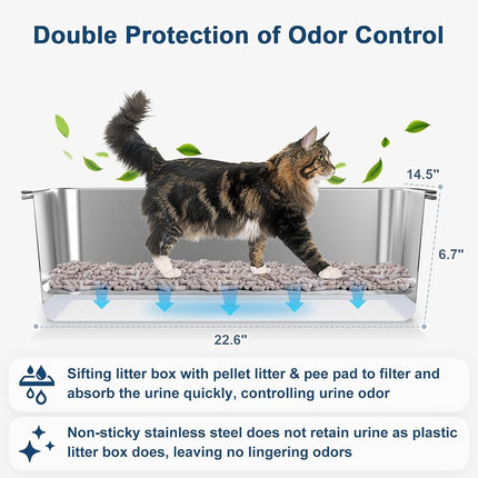 Stainless Steel Closed Litter Tray with Lid, XL Pine Pellet Sieve, Metal Litter System with High Sides for Big Cats, Leak-Proof, Easy Cleaning, Less Tracking