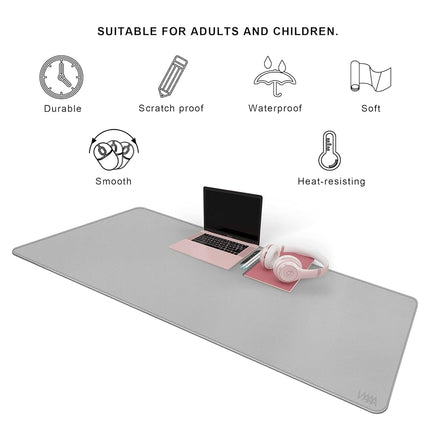 Desk Mat on top of Desks, Vyaaa 140 x 60cm PU Leather Desk Mat, Large Desk Blotter Pad for Office, Home, Gaming, Computer, Laptop, Keyboard and Mouse - Light Gray