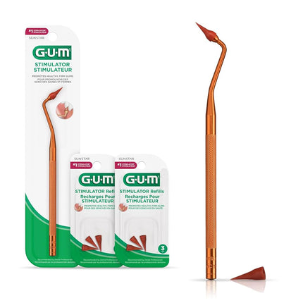 GUM Stimulator Bundle, Permanent Handle with Rubber Tip to Massage and Strengthen and 2 Refill Packs, (Handle + 2 Refill Packs)