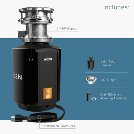 Moen GXB75C Host Series Control Activation 3/4 HP Garbage Disposal with Sound Reduction, Power Cord Included