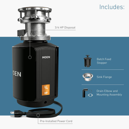 Moen GXB75C Host Series Control Activation 3/4 HP Garbage Disposal with Sound Reduction, Power Cord Included