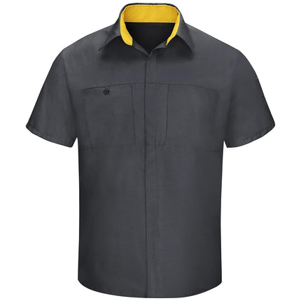 Red Kap Men's Short Sleeve Performance Plus Shop Shirt with Oilblok Technology Button, Charcoal/Yellow Mesh, Medium