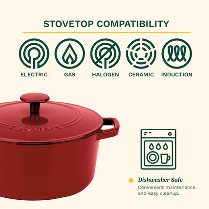 Olla holandesa de hierro fundido esmaltado Cuisinart, cacerola de 4,7 litros con tapa, asas cómodas, apta para estufa, horno y asador, roja (CI650-25CRC)