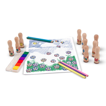 Melissa & Doug Deluxe Happy Handle Juego de Sellos (10 sellos, 5 lápices de colores y almohadilla de tinta lavable de 6 colores)