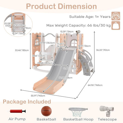 OLAKIDS Toddler Slide and Swing Set, 7 in 1 Kids Indoor Outdoor Playground with Climber Basketball Hoop Telescope Toy Storage for Boys Girls Aged 1+