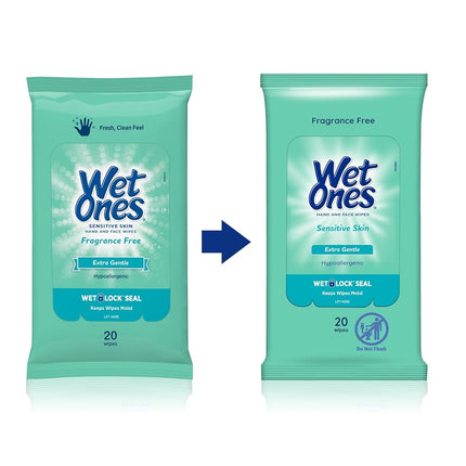 Lingettes mains et visage Wet Ones peaux sensibles, paquet de voyage de 20 lingettes (lot de 10)