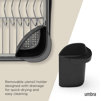 Umbra Sinkin Dish Drying Rack – Drainer with Cup Holders and Removable Cutlery Caddy – Use Over Sink, In Sink, or On Counter, Deluxe, Black/Nickel
