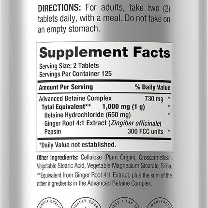 Horbäach Betaine HCl with Pepsin | 250 Tablets | Hydrochloride Supplement