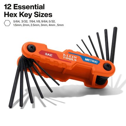 KLEIN TOOLS 70590 Compact Folding Hex Key, Metric and SAE Combo Set, 12 Keys, Industrial Strength Heat Treated Alloy Steel