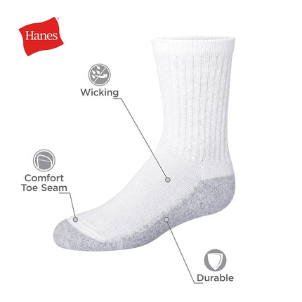 Hanes Uniforme de tripulación para niños, calcetines que absorben la humedad, base acolchada, 10 pares, blanco - Paquete de 12, grande