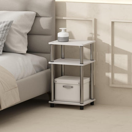 Furinno JUST Night Stand Set of 2, 3-Tier Turn-N-Tube Nightstand, Toolless Bedside Tables, End Table, Side Table with Open Storage for Bedroom, Living Room, White Oak/Stainless Steel