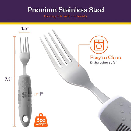 (Grey) - Adaptive Utensils (4-Piece Kitchen Set) Wide, Non-Weighted, Non-Slip Handles for Hand Tremors, Arthritis, Parkinson's or Elderly use Stainless Steel Knife, Fork, Spoons - Grey