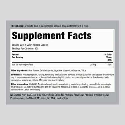 Piping Rock Gentle Iron 28 mg | 300 Capsules | Iron Bisglycinate | Easy on Stomach | Non-GMO, Gluten Free Supplement | by
