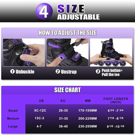 Nattork Kids Inline Skates Adjustable Light up Wheels Blades Roller for Boys Girls- TeenYouth Age 8-12 - Cool Racing Car Decorations Indoor Outdoor Purple