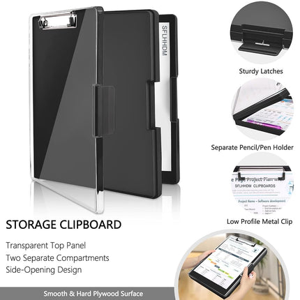SFLHHDM Clipboard Storage,Heavy Duty Clip Boards 8.5x11 2 Storage Case,Clear Visible Top Panel Storage Clipboards,Side Opening Clip Boards,Nursing Clipboard Folder Case for Office Supplies-Black