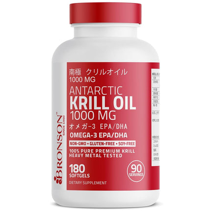 Huile de krill antarctique Bronson 1000 mg avec astaxanthine, 180 capsules molles (90 portions)