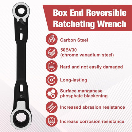 GOLD DEER 4-in-1 Reversible Ratcheting Box Wrench Set Metric 8mm 10mm 12mm 13mm Double Box End Wrench Set Ratchet Wrenchs,72-Tooth Ratcheting Gear,CR-V Steel