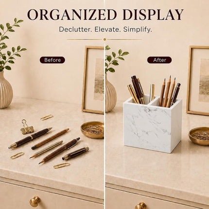 SIRIZEN-DIVING White Marble Pen Holder with 2 Compartments 3.94 Inch