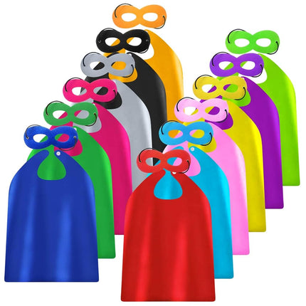 ADJOY Capas y Máscaras de Superhéroes para Niños Paquete de 14 Sets con Pegatinas de Superhéroes - Capas de Disfraz para Fiestas de Cumpleaños Temáticas de Superhéroes