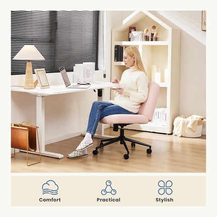 DUMOS Criss Cross Chair with Wheels, Wide Cross Legged Office Desk Vanity Chairs, Armless Adjustable Swivel Chairs for Home Computer Task, Teddy Pink