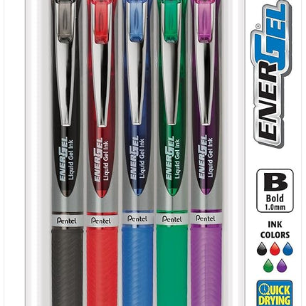 Pentel Energel Rtx Retractable Liquid Gel Pen, Bold Line, Metal Tip, Assorted Ink Pack of 5 (BL80BP5M)