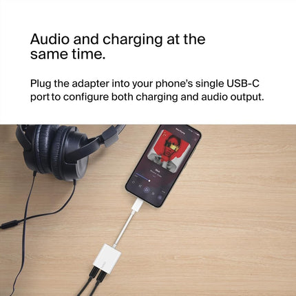 Belkin RockStar™ USB-C Audio + Charge Adapter, Headphone Adapter w/USB-C 60W Power Delivery Fast Charging for iPhone 16, iPad Pro, Galaxy, Note, Google Pixel, LG, Sony, OnePlus, and More - White