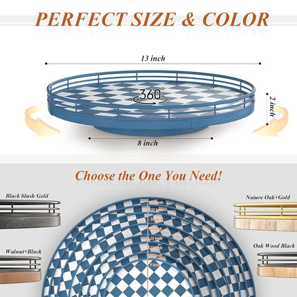 Premium Rubber Wood Lazy Susan Turntable, Blue White Checkerboard Decorative Serving Tray, Hand-Welded Metal Railing, Stable Rotating Organizer for Dining Table, Kitchen Counter, Coffee Table Decor
