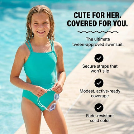 Traje de baño de una pieza con cortes de deporte de playa para niña Kanu Surf, color liso Atlantis, talla 16