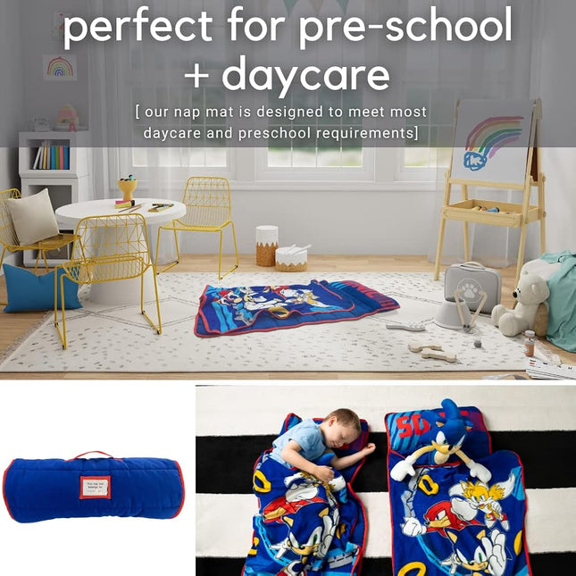 Franco Sonic Soft Toddler Nap Mat with Pillow and Blanket Perfect for Preschool/Daycare/Travel/Sleeping Bag, 21" x 45" (Official Sega Product) by
