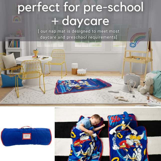 Franco Sonic Soft Toddler Nap Mat with Pillow and Blanket Perfect for Preschool/Daycare/Travel/Sleeping Bag, 21" x 45" (Official Sega Product) by