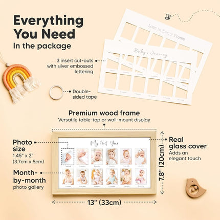 My First Year Photo Frame, 12 Months Baby Photo Frame for Newborn Girl, Boy, Baby Shower Gifts Keepsakes, Gender-Neutral Baby Milestone, 1st Nursery Decor Photo Collage Display Board (Ash Wood)