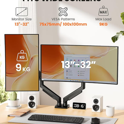 ErGear Dual Monitor Arm for 13-32 Inch Screens, Dual Monitor Stand with Smooth Height Adjustment, Quick-Release VESA Plate, C-Clamp & Grommet Mounting, VESA 75/100mm, Holds 2.2-9kg