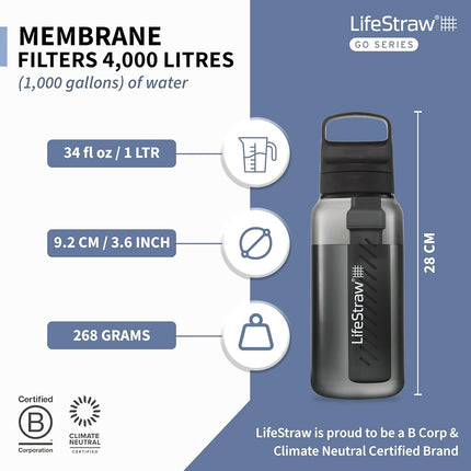 LifeStraw Go Series 2.0 Water Bottle with Filter, Nordic Noir, 1 Litre Capacity