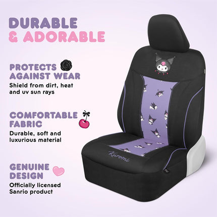 Hello Kitty Kuromi Car Seat Covers - Cute Black and Purple Front Seat Covers with 4PC Carpet Car Floor Mats - Universal Fit for Cars, SUVs & Trucks - Black with Kuromi Print & Purple, Pink Accents