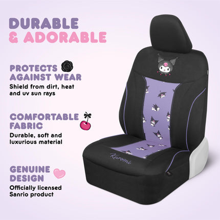 Hello Kitty Kuromi Car Seat Covers - Cute Black and Purple Front Seat Covers with 4PC Carpet Car Floor Mats - Universal Fit for Cars, SUVs & Trucks - Black with Kuromi Print & Purple, Pink Accents