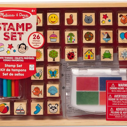 Melissa & Doug Wooden Stamp Set, Favorite Things - 26 Stamps, 4-Color Stamp Pad with Washable Ink for Art Projects for Kids Ages 4+