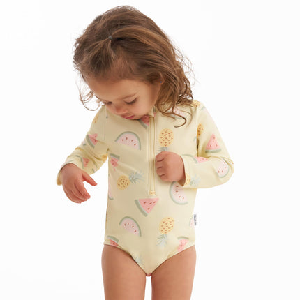 Gerber Girls' Toddler Long Sleeve One Piece Rashguard Swimsuit, Yellow Fruit, 6-9 Months
