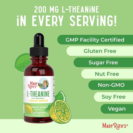 MaryRuth's L Theanine 200mg Liquid Drops | L-Theanine + Organic Glycerin | Stress Relief for Adults & Kids | Focus Supplement | Natural Sleep Support | Vegan | Non-GMO | Gluten Free | 30 Servings