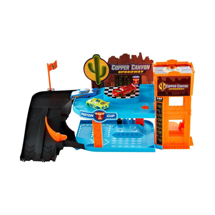 Disney and Pixar Cars Glow Racers Playset & 3 Toy Cars, Copper Canyon Glowing Garage Playset, Glow-in-the-Dark Elements & 1:55 Scale Vehicles, HPX75