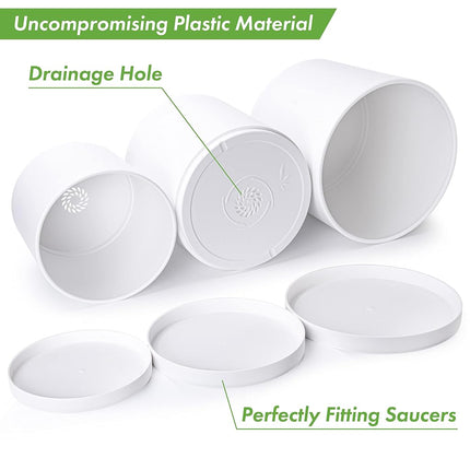 D'vine Dev 8 Inch 10 Inch 12 Inch, Set of 3 Plastic Planter Pots for Plants with Drainage Hole and Seamless Saucers, White Color, X-Large, 74-V-A-5