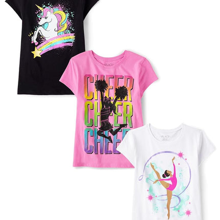 The Children's Place,Niñas,Camisetas gráficas deportivas de manga corta,Paquetes múltiples,Paquete de 3 de unicornio arcoíris/porrista/bailarina,Grande
