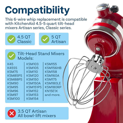 K45WW 6-Wire Whip for KitchenAid 4.5-5 Quart Tilt-Head Stand Mixers Artisan Series & Classic Series by MMOBIEL – Aluminum Attachment Egg Cream Stirrer – Cakes Mayonnaise Whisk - Hand Wash Only