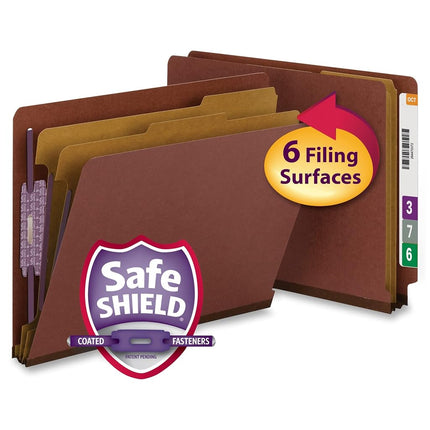 Smead 100% Recycled End Tab Pressboard Classification File Folder with SafeSHIELD Fasteners, 2 Dividers, 2" Expansion, Letter Size, Red, 10 per Box (26860)