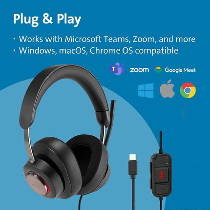 Kensington H2000 Over-Ear USB-C Headset with Microphone, Windows & Mac Compatible USB C Head Set with Mic, Universal Plug & Play Passive Noise Cancelling Headphones with Long 1.8 m Cable (K83451WW)