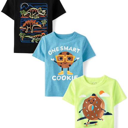 T-shirts graphiques à manches courtes dinosaures pour bébés garçons The Children's Place, lot, Smart Cookie/Donut/Dinos, 3T