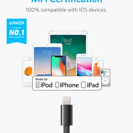 Câble Lightning Anker en nylon tressé double de qualité supérieure de 1,80 m, certifié Apple MFi pour chargeurs iPhone, iPhone X/8/8 Plus/7/7 Plus/6/6 Plus/5s, iPad, iPad mini et plus (noir)