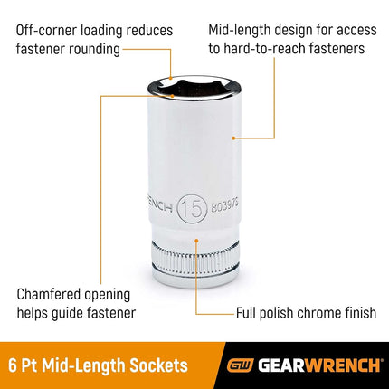 GearWrench 80304S 13-Piece 1/4-Inch Drive 6-Point Mid Length Socket Set Metric